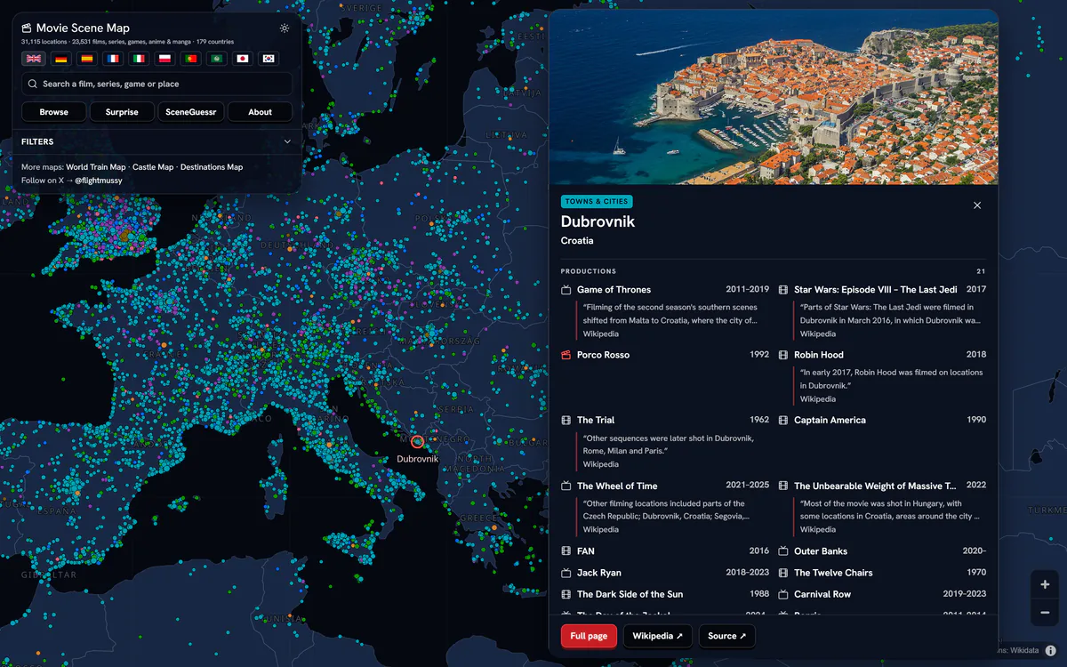 Movie Scene Map on a computer: Europe covered in filming locations, and the card for Dubrovnik open, with Game of Thrones, Star Wars: The Last Jedi and Robin Hood among its 21 productions