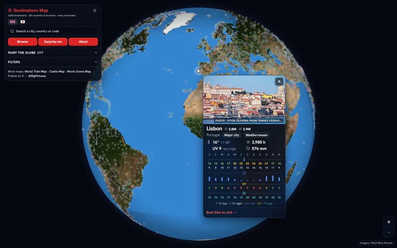 Destinations Map: a globe dotted with destinations and the card for Lisbon open, with its temperature, sunshine, rain, UV and sea temperature for every month