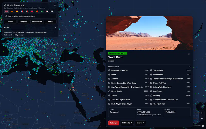 Movie Scene Map with the card for Wadi Rum in Jordan open: Lawrence of Arabia, Dune, The Martian, Aladdin and 14 more productions filmed there