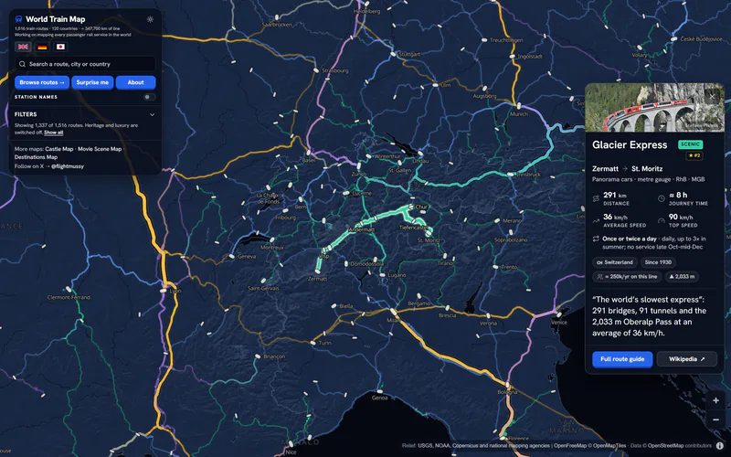 World Train Map over the Alps with the Glacier Express drawn from Zermatt to St. Moritz and its card open: 291 km, about 8 hours, 291 bridges and 91 tunnels