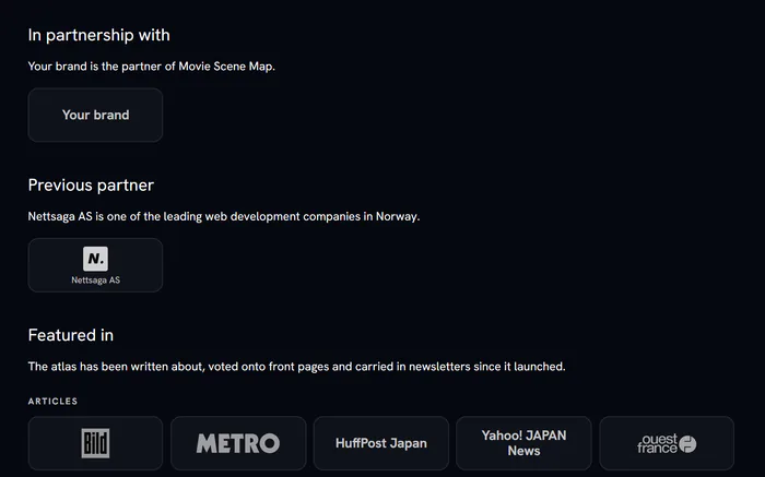 The Movie Scene Map About page with an In partnership with block for Your brand, above Previous partner and the Featured in logos