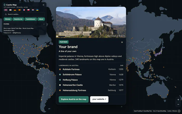 An example welcome card on Castle Map in its teal: Your brand, Kufstein Fortress and the landmarks in Austria