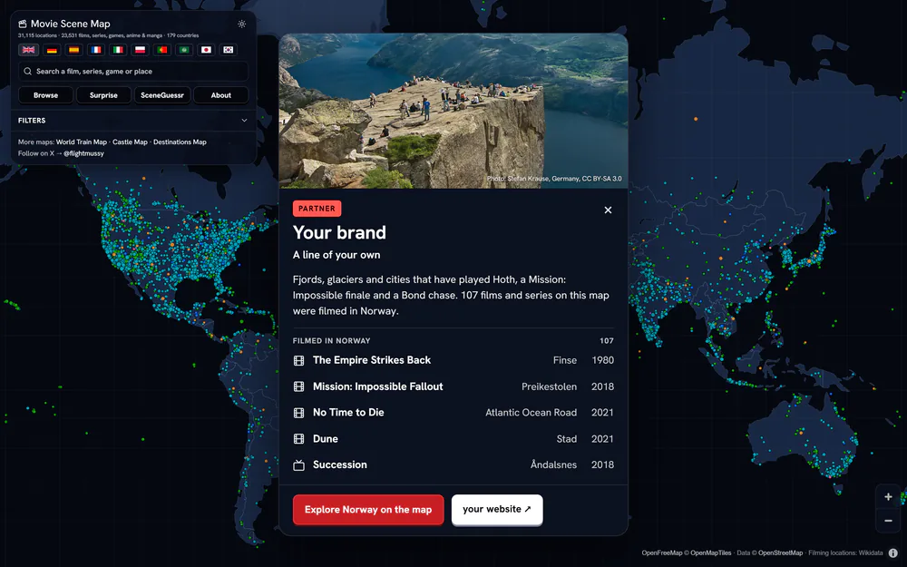 An example of a partner's welcome card on Movie Scene Map: Your brand, a line of your own, a photograph of Preikestolen, the films and series filmed in Norway, and two buttons, Explore Norway on the map and your website
