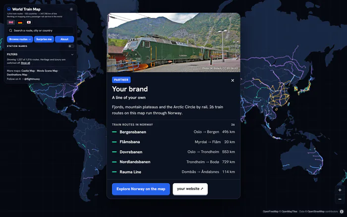 An example welcome card on World Train Map in its blue: Your brand, the Flåmsbana and the train routes in Norway